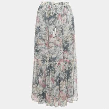 Pre Owned Zimmermann Grey Floral Printed Silk Pleated Hem Maxi Skirt S