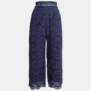 Pre Owned Zimmermann Navy Blue Cotton Eyelet Lace Cropped Trousers M