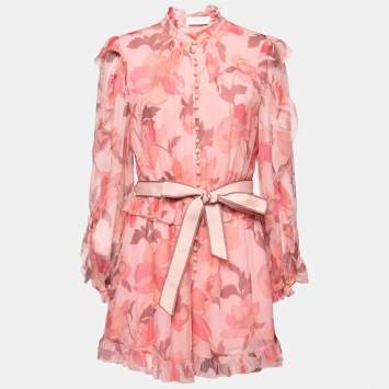 Pre Owned Zimmermann Pink Floral Printed Silk Chiffon Ruffle Trimmed Belted Jumpsuit L