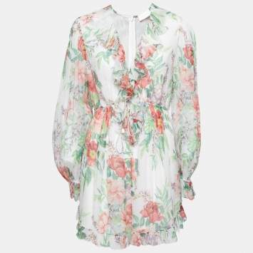 Pre Owned Zimmermann White Floral Printed Silk Chiffon Ruffle Trimmed Jumpsuit L