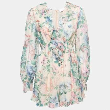 Pre Owned Zimmermann Beige Floral Print Silk Ruffled Jumpsuit L