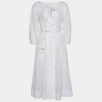 Pre Owned Zimmermann White Cotton Flared Belted Midi Dress XS