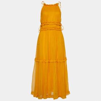 Pre Owned Zimmermann Yellow Silk Chiffon Frilled Halterneck Dress S