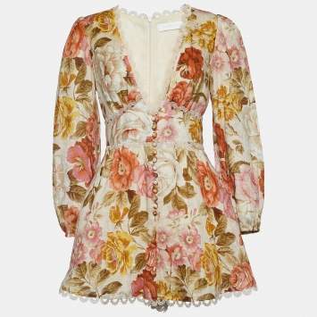 Pre Owned Zimmermann Light Beige Floral Print Linen Heathers Playsuit M