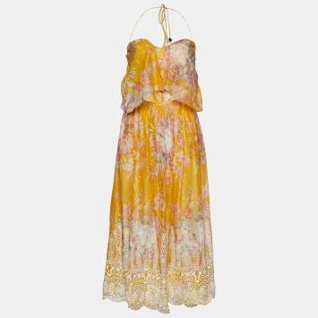 Pre Owned Zimmermann Yellow Floral Print Cotton Confetti Scallop Tie Dress M