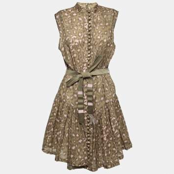 Pre Owned Zimmermann Green Leopard Print Cotton Belted Carnaby Dress M