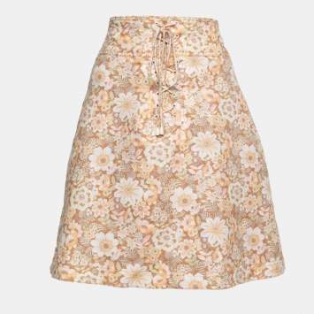 Pre Owned Zimmermann Orange Floral Printed Linen Lace-Up Mini Skirt L