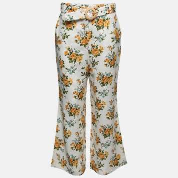 Zimmermann White Floral Printed Linen Belted Straight Pants M