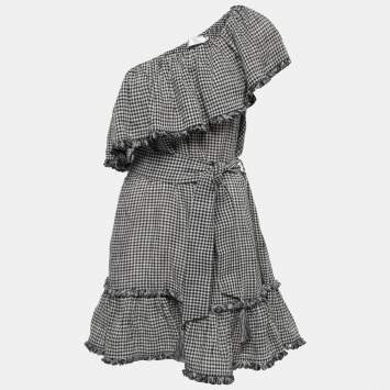 Pre Owned Zimmermann Black Checkered Patterned Linen Belted Mini Dress L