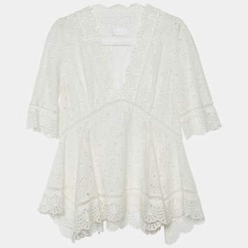 Pre Owned Zimmermann White Cutwork Lace Peplum Top S