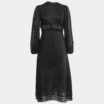 Pre Owned Zimmermann Black Linen Eyelet Lace Trim Midi Dress M