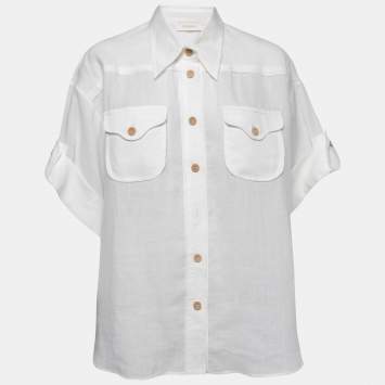Pre Owned Zimmermann White Ramie Pocket-Detail Short-Sleeve Shirt L