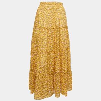 Pre Owned Zimmermann Yellow Animal Printed Cotton Tiered Midi Skirt L