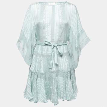 Pre Owned Zimmermann Pale Blue Striped Silk Whitewave Veil Mini Dress M