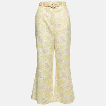 Pre Owned Zimmermann Yellow Floral Printed Linen Belted Wide Leg Trousers M