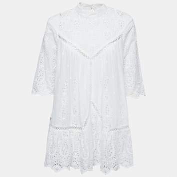 Pre Owned Zimmermann White Embroidered Cotton Scalloped Blouse L