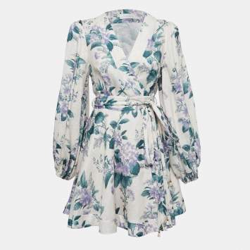 Pre Owned Zimmermann Off White Floral Printed Linen Wrap Mini Dress L