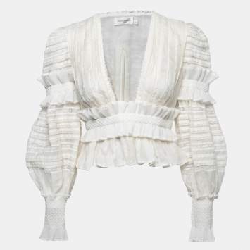 Pre Owned Zimmermann Cream Lace Embroidered Linen Blend Top M