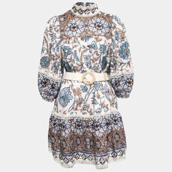 Pre Owned Zimmermann Blue Printed Linen High Neck Belted Mini Dress L