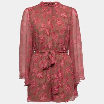 Pre Owned Zimmermann Brown Floral Printed Chiffon Silk Belted Playsuit L