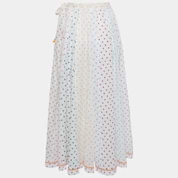 Pre Owned Zimmermann White Multicolor Dot Printed Cotton Midi Skirt M