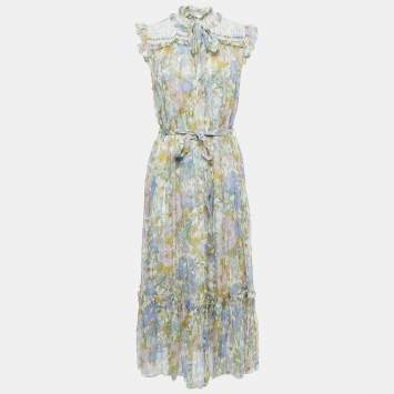 Pre Owned Zimmermann Multicolor Floral Printed Silk Tie Detail Midi Dress L
