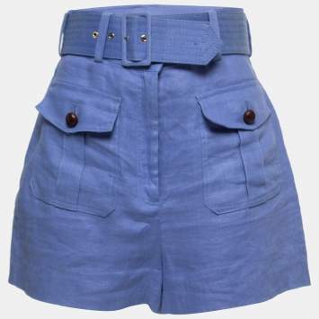 Pre Owned Zimmerman Blue Linen Corsage Belted Shorts M