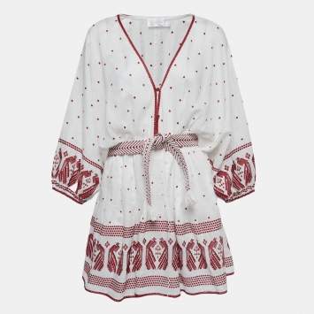 Pre Owned Zimmermann White/Brown Embroidered Linen Belted Waist V-Neck Mini Dress L