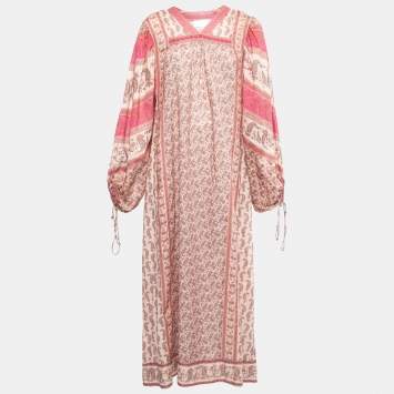 Pre Owned Zimmermann Pink Paisley Printed Cotton Long Puff Sleeve V-Neck Maxi Dress M