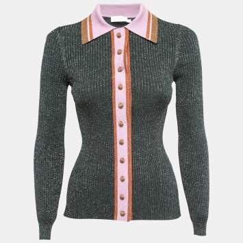Pre Owned Zimmermann Green Ribbed Lurex Knit Long Sleeve Collared Top S