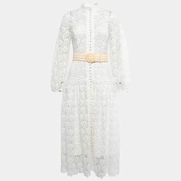Pre Owned Zimmermann White Floral Lace Button Detail Belted Midi Dress M