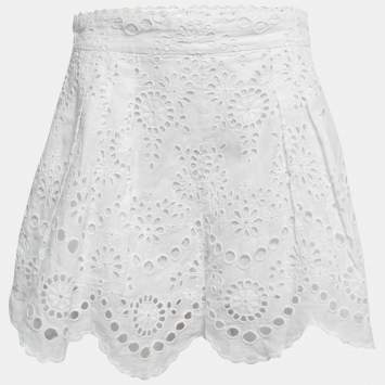 Pre Owned Zimmermann White Embroidered Eyelet Linen Pleated Shorts L