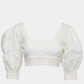 Pre Owned Zimmermann Off-White Linen Crop Top M