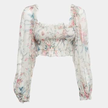 Pre Owned Zimmermann Multicolor Printed Silk Chiffon Shirred Long Sleeve Crop Top M