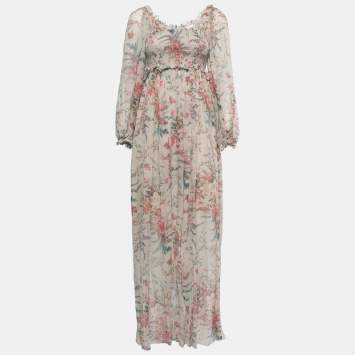 Pre Owned Zimmermann Multicolor Printed Silk Chiffon Shirred Long Sleeve Maxi Dress S