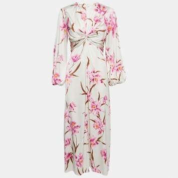 Pre Owned Zimmermann Off-White Orchid Print Silk Blend Ruched Midi Dress M