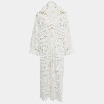 Pre Owned Zimmermann White Crochet Knit Hooded Midi Dress M/L