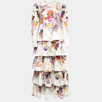 Pre Owned Zimmermann Multicolor Floral Print Silk Prima Tiered Long Sleeve Dress M