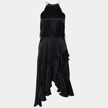 Pre Owned Zimmermann Black Silk Satin Ruffled Midi Dress XS