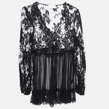 Pre Owned Zimmermann Black Silk Chiffon Lace Trimmed  Long Sleeve A-Line Blouse S