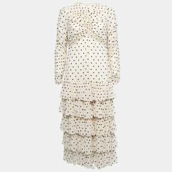 Pre Owned Zimmermann Cream Swiss Dot Ruch Detail Tiered Midi Dress M