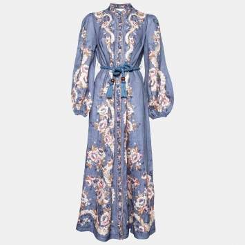 Pre Owned Zimmermann Blue Floral Printed Linen Vitali Belted Maxi Dress M