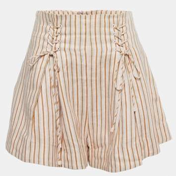 Pre Owned Zimmermann Light Pink Striped Linen Lace Up Shorts M
