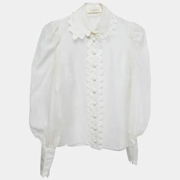 Pre Owned Zimmermann White Linen Blend Lace Trimmed Shirt S