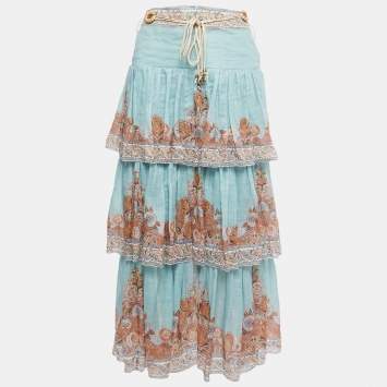 مملوكة مسبقًا Zimmermann Blue Paisley Print Ramie Tiered Midi Skirt S