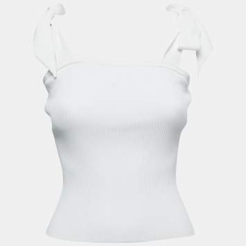 Pre Owned Zimmermann White Rib Knit Sleeveless Tie Up Top S
