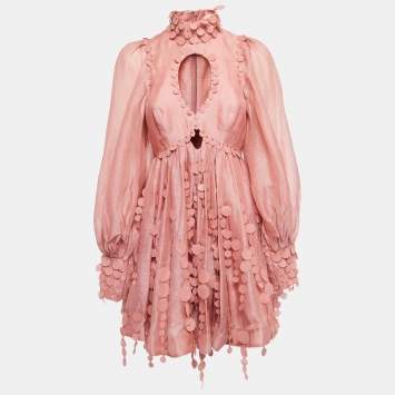 Pre Owned Zimmermann Pink Linen & Cotton Concert Disc Embellished Cut-Out Mini Dress M