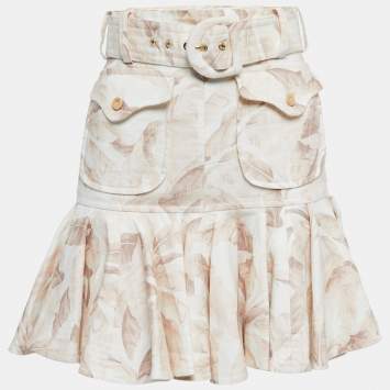 Pre Owned Zimmermann Beige Leaf Printed Linen Flared Mini Skirt S