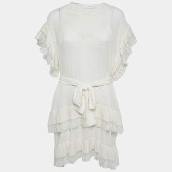 Pre Owned Zimmermann White Dotted Chiffon Belted Mini Dress L