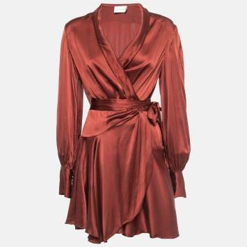 Pre Owned Zimmermann Burgundy Silk Satin Wrap Mini Dress M